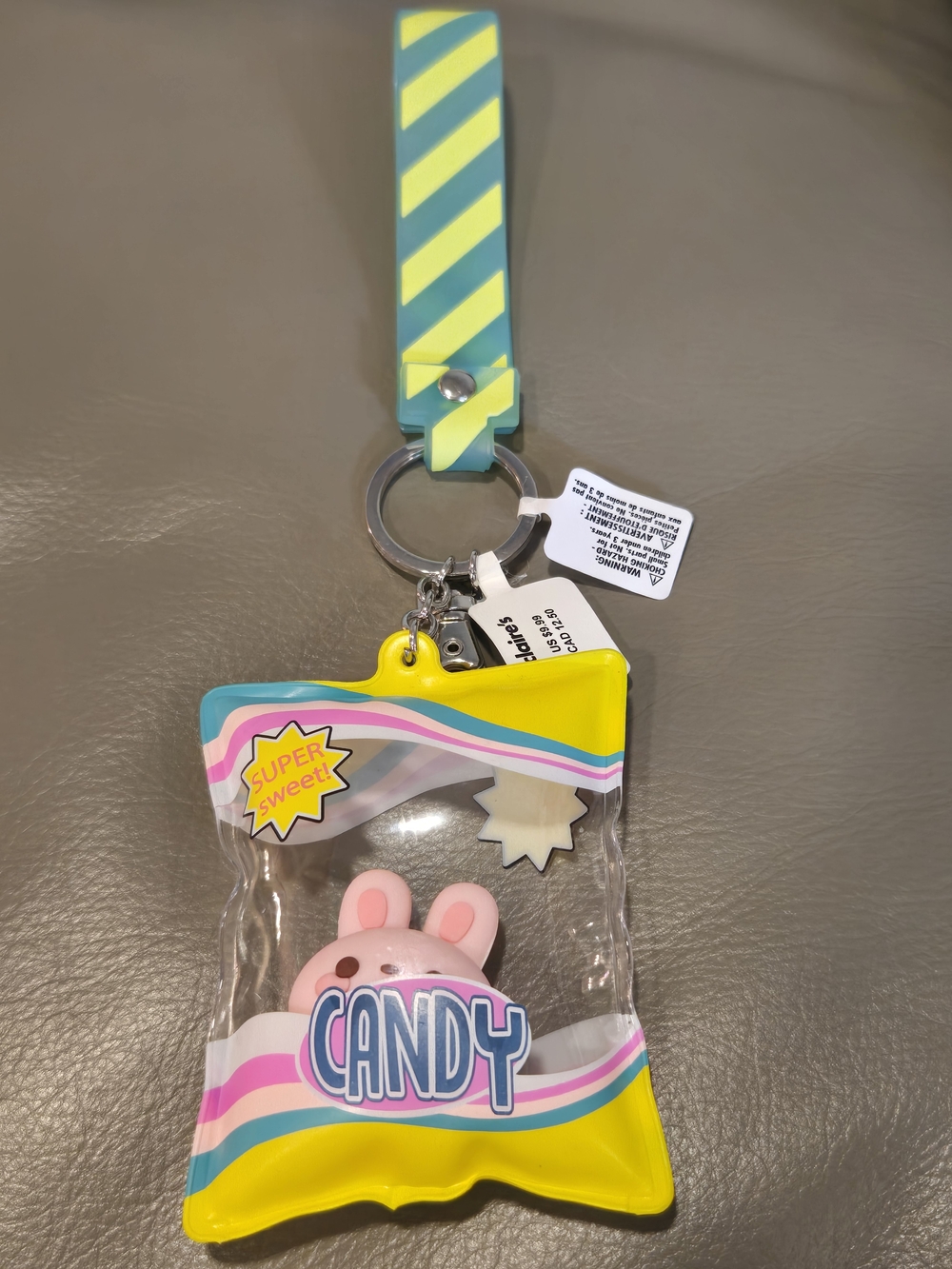 Claire's Yellow Candy Bag Keychain with Pink Bunny and Teal Strap
